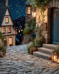 Naklejka premium Magical Village Architecture Charming Evening Village Scene with Cobbled Pathway and Warm Illuminations high quality design