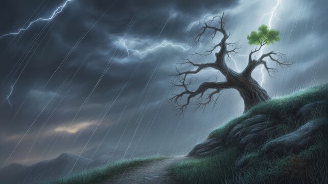 Dramatic illustration of solitary tree on hillside in heavy rain storm with lightning and dark sky