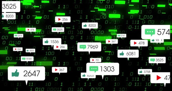 Cascading green binary digits driving white icons spawning, drifting outward showing rising counts