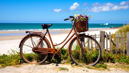 Fototapeta premium A vintage bicycle with flowers in a basket stands on a beach