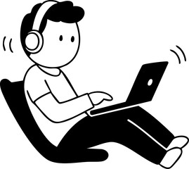Digital art: A cartoon man with headphones sits relaxed in a chair, typing on a laptop, isolated on a white background, simple, happy.

