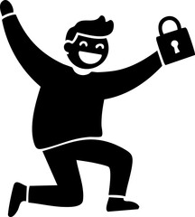 Digital art: a gleeful cartoon man kneels, holding a padlock aloft, radiating joy, isolated on a white background, creating a secure and happy mood.
