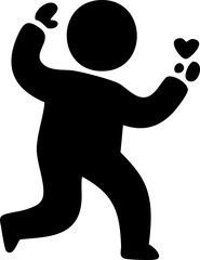 Create a black silhouette of a person joyfully scattering hearts, set against a plain white background, evoking a feeling of love.
