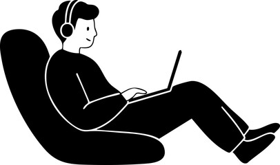 Digital art: a person with headphones sits relaxed in a chair, using a laptop, monochrome, minimalist style, calm mood, no background details.
