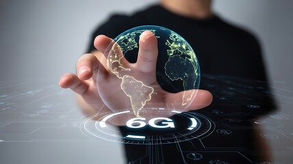 Hand Touching Glowing Globe with 6G Network Interface Overlay technology earth