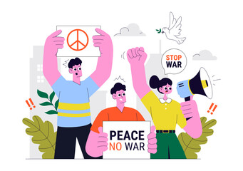 Protest Anti War Resistance Demonstration Illustration Featuring Protesters, Activists, and a Crowd with Placards for a Peaceful Social Demonstration