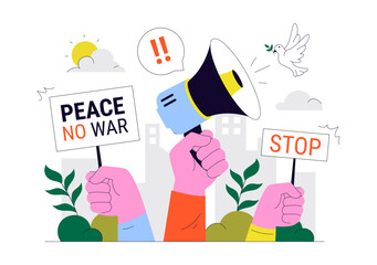 Protest Anti War Resistance Demonstration Illustration Featuring Protesters, Activists, and a Crowd with Placards for a Peaceful Social Demonstration