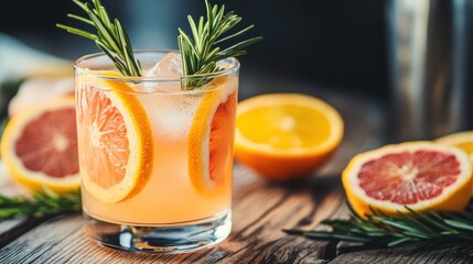 Gourmet Citrus Mixology: Expertly Prepared Cocktail with Fresh Ingredients and Herb Garnish, Focus on Drink Quality.