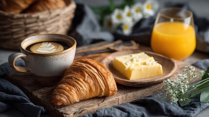 Rustic French Breakfast: Freshly Baked Croissant, Butter, and Coffee Served on a Wooden Table with Natural Morning Light.
