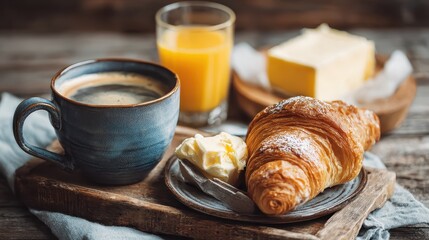 Rustic French Breakfast: Freshly Baked Croissant, Butter, and Coffee Served on a Wooden Table with Natural Morning Light.