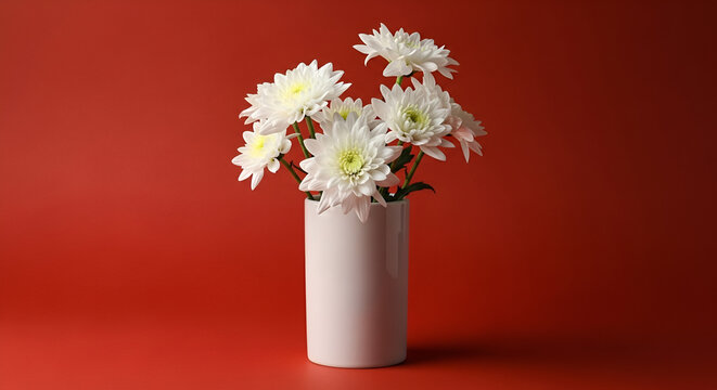 Flores de crisantemo blancas decorativas en un jarr&oacute;n blanco sobre fondo rojo