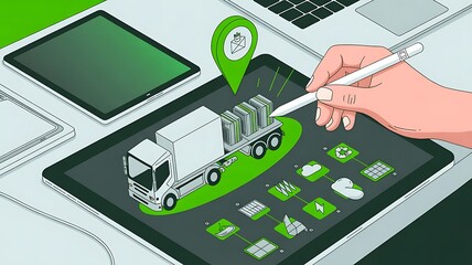 Hand Holding Stylus Navigating Logistics App on Tablet with Truck Icon