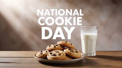 National Cookie Day celebration with chocolate chip cookies and a glass of milk on a wooden table