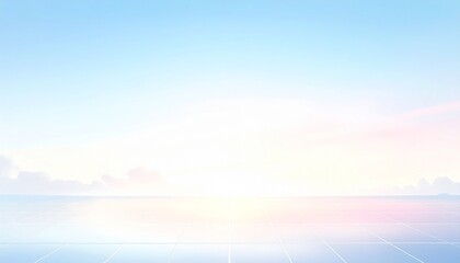 Serene pastel sunrise over calm water with soft reflections and distant horizon, tranquil and inspirational landscape
