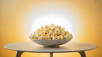 A bowl of popcorn on a table against a warm yellow background
