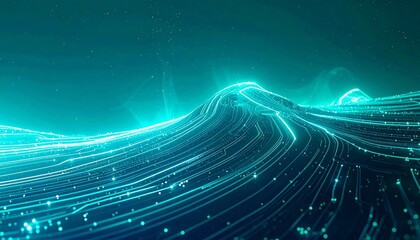 Futuristic digital landscape with glowing blue-green data lines and central light hub, abstract network design