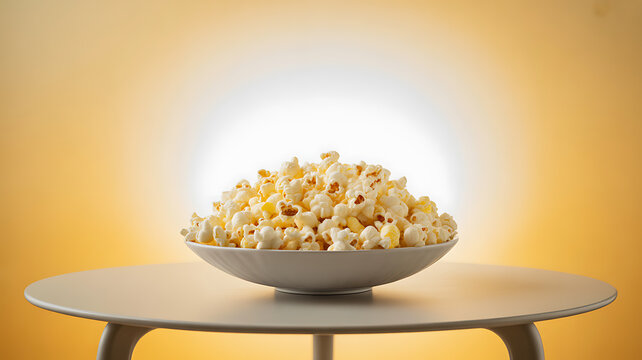 A bowl of popcorn on a table against a warm yellow background