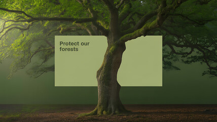 A large tree in a misty forest with a message to protect forests