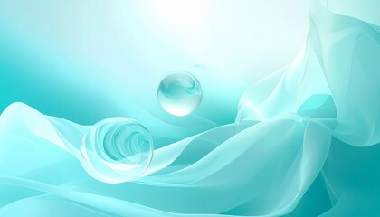 Abstract turquoise background with flowing waves and translucent spheres, ethereal and futuristic minimal design