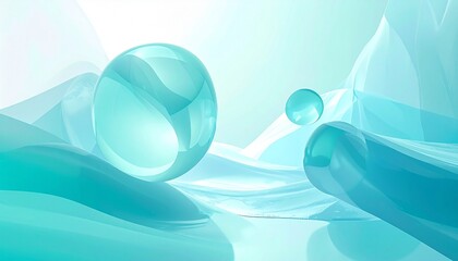 Abstract turquoise background with flowing waves and translucent spheres, ethereal and futuristic minimal design