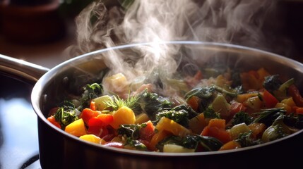 Shabu Shabu Dinner: Overhead View of an Asian Hot Pot Boiling with Meat, Seafood, and Fresh Vegetables, Ready to be Eaten.