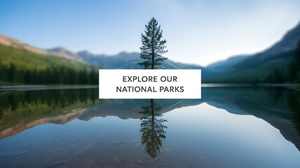 A serene lake reflects a lone tree and surrounding mountains in a national park setting.