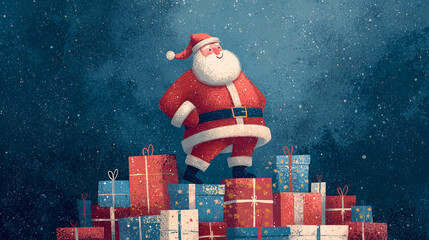 Children's book style Christmas border with Santa and gift bag, minimalist design with "Merry Christmas" text for cards and decorations

