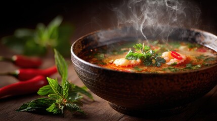 Hot Steaming Asian Soup: Close-up of a Delicious Traditional Dish Boiling in a Pot, Highlighting the Steam and Fresh Ingredients. 