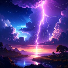 Vibrant purple lightning strikes a serene landscape at sunset, reflected in calm water