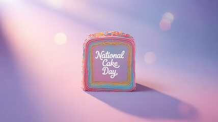 A colorful square cake with 'National Cake Day' written on it, set against a soft pastel background with bokeh lighting.