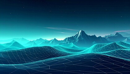Abstract teal mesh surface with polygonal grid and wave-like motion, futuristic digital terrain design