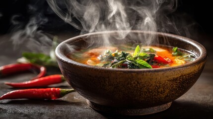 Hot Steaming Asian Soup: Close-up of a Delicious Traditional Dish Boiling in a Pot, Highlighting the Steam and Fresh Ingredients. 