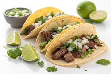 Tacos with carne asada onions cilantro and nice lime wedges isolated on white background