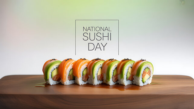 A row of colorful sushi rolls displayed on a wooden board with 'National Sushi Day' text overlay - Powered by Adobe