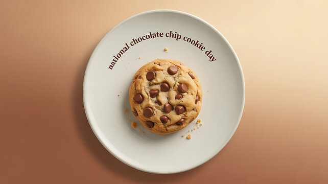 A chocolate chip cookie on a white plate with 'National Chocolate Chip Cookie Day' text above it - Powered by Adobe