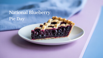 A slice of blueberry pie with lattice crust on a white plate, celebrating National Blueberry Pie Day