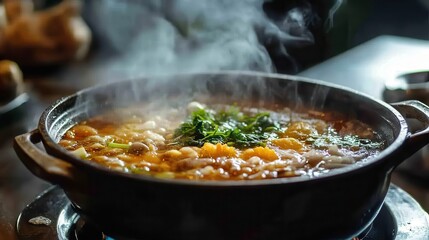 Hot Steaming Asian Soup: Close-up of a Delicious Traditional Dish Boiling in a Pot, Highlighting the Steam and Fresh Ingredients. 