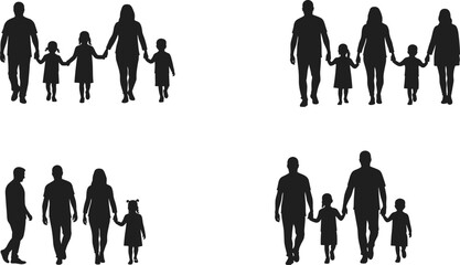 Family silhouette illustration, parents and children walking together, black vector design, lifestyle concept, love, support, unity, relationship, happiness, parenting
