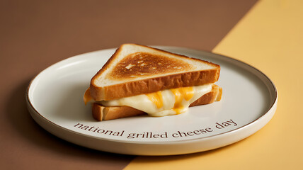 A grilled cheese sandwich on a plate with 'national grilled cheese day' text, set against a two-tone background.