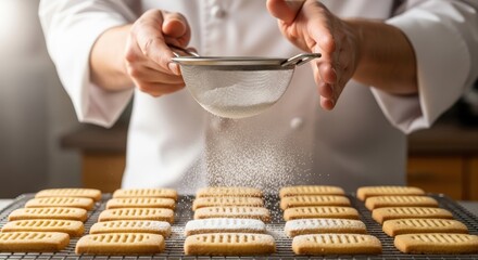 A chef in a white uniform is dusting a tray of freshly baked cookies with powdered sugar.