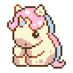 Adorable pixel art unicorn with pastel pink mane and blue highlights. Retro 8-bit kawaii fantasy horse character