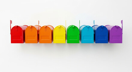 Colorful row of mailboxes in rainbow order isolated on white background, a vibrant and cheerful collection for correspondence, a symbol of communication