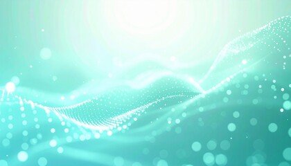 Soft teal gradient background with abstract digital waveforms and glowing data nodes, minimal tech aesthetic