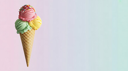 Colorful ice cream cone with three scoops and sprinkles on a gradient background
