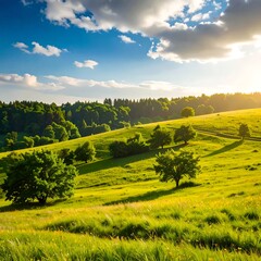 Sunlit hillside meadow with scattered trees, lush green grass, and a partly cloudy sky