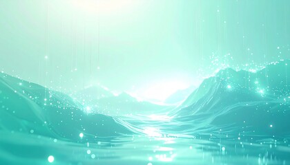 Minimalist blue gradient landscape with misty mountains and mirror-like water, evoking tranquility, depth, and natural symmetry.