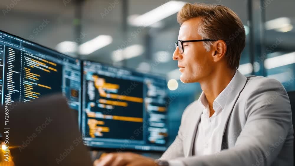 Wall mural focused vision: a dedicated professional intently studies lines of code on multiple computer screens