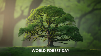 A majestic tree stands alone in a lush forest, illuminated by soft sunlight, celebrating World Forest Day.