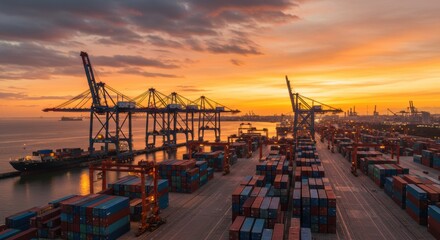 Cargo loading operations at sunset in shipping port industrial landscape aerial maritime logistics