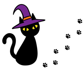 魔女の帽子をかぶった黒猫のベクターイラスト